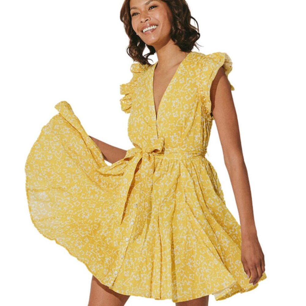 Cleobella Yellow Print Ruffle Sleeve Size X-Small dress